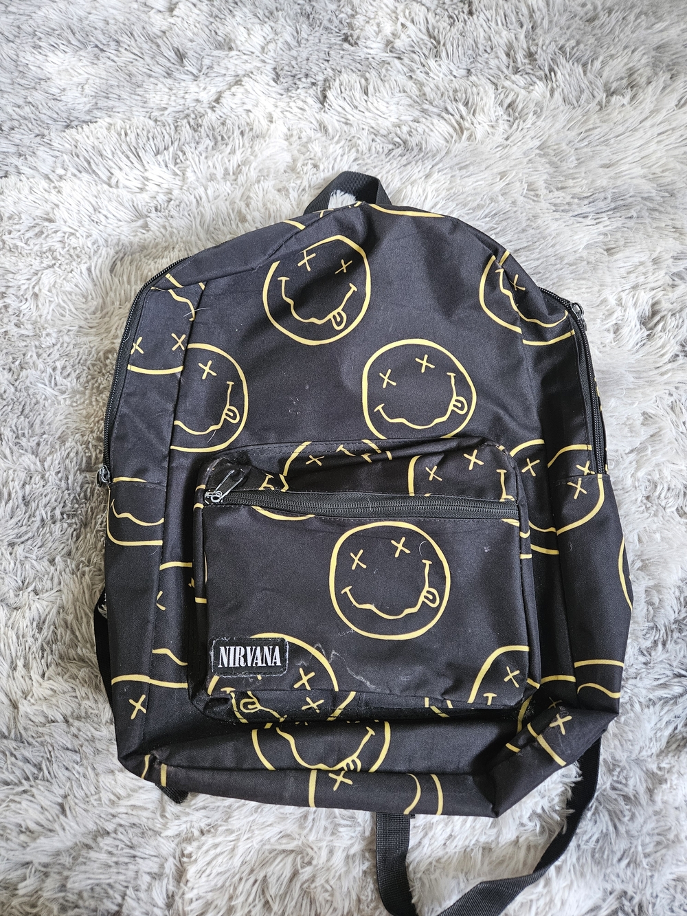 NIRVANA Black Backpack with Yellow Smile Logo Pattern